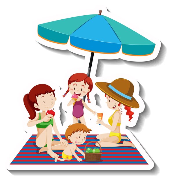 Kinderen picknicken op het strand cartoon sticker