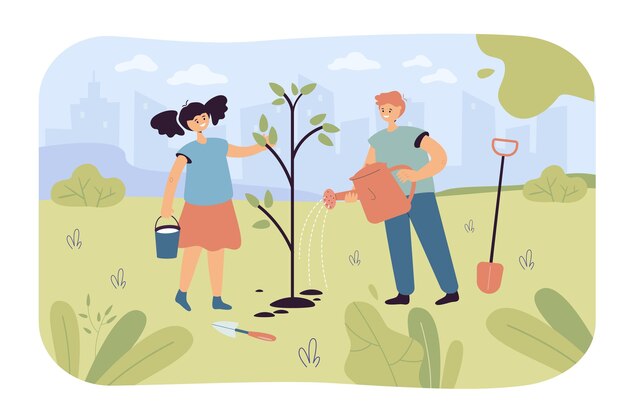 Kinderen planten boom in tuin of park. Gelukkige stripfiguren die de vlakke afbeelding van het milieu beschermen