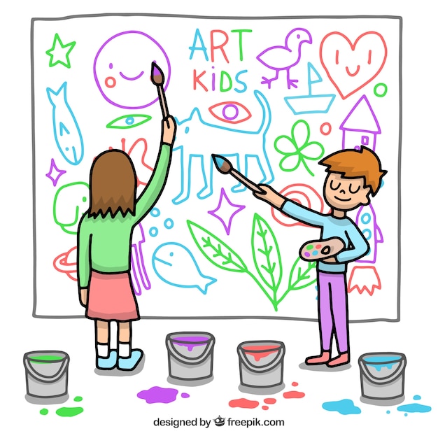 Gratis vector kinderen schilderen een muurschildering