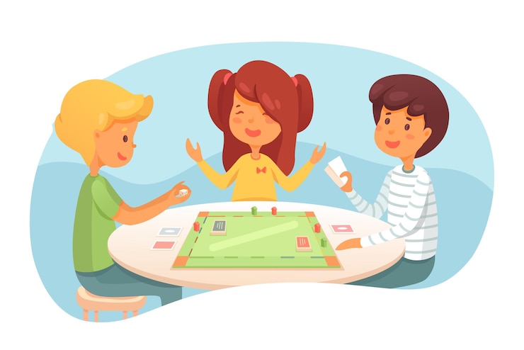 Gratis Vector kinderen spelen bordspel schattige kinderen vrienden broers en zussen genieten van binnenactiviteiten training zakelijke vaardigheden met behulp van monopoly-jongen die dobbelstenen gooit en kaarten vasthoudt