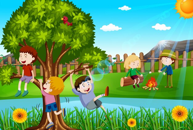 Kinderen spelen en kamperen in het park