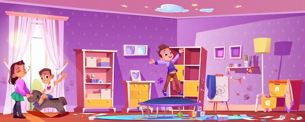 Gratis vector kinderen spelen en springen op trampoline in een rommelige kinderkamer cartoon vector illustratie van het interieur van de kleuterschool met gelukkige hyperactieve jongens en meisjes die feesten en wanorde rommel en chaos maken