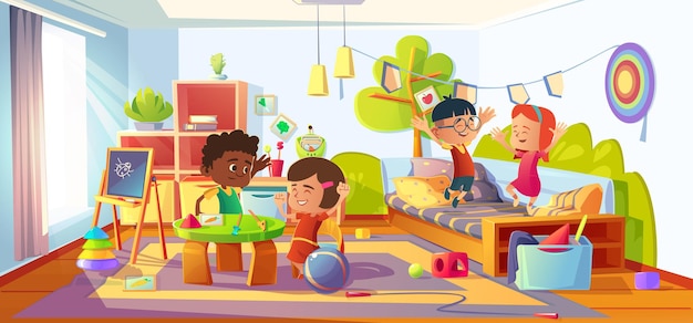 Gratis vector kinderen spelen in de kamer, kinderen in huis, kleuterschool, kinderdagverblijf of kinderdagverblijf interieur springen op bed, spelen bordspellen of speelgoed. multiraciale baby's vrienden indoor games, cartoon vectorillustratie