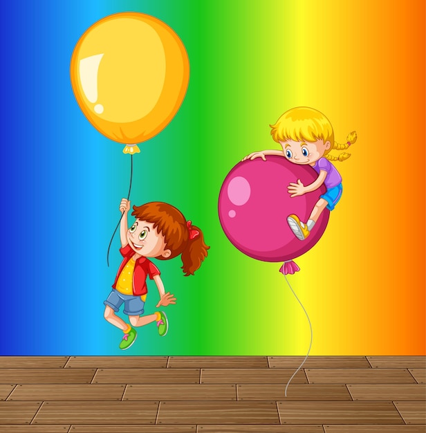 Kinderen spelen met ballon op regenbooggradiëntachtergrond