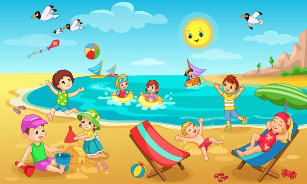 Kinderen spelen op strand illustratie