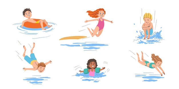 Kinderen springen in zwembad set illustraties Cartoon grappige kinderen in zwemkleding spelen op strand partij jongen en meisje springen van trampoline met spatten geïsoleerd op wit