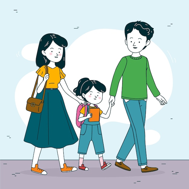 Kinderen terug naar school met ouders illustratie