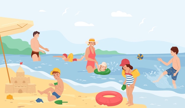 Gratis vector kinderen veiligheid in water vlakke samenstelling met kinderen zwemmen met behulp van opblaasbare hulpmiddelen onder toezicht van de ouders vectorillustratie