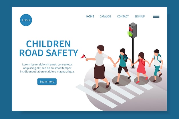 Kinderen verkeersveiligheid regels isometrische website bestemmingspagina met weergave van kinderen groep oversteken straat vectorillustratie