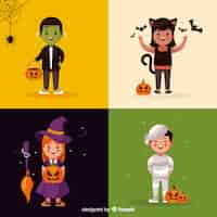 Gratis vector kinderen verkleed als halloween wezens kaart collectie