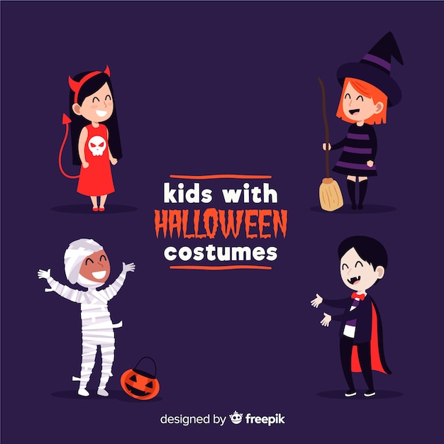 Kinderen verkleed als monsters voor Halloween op paarse achtergrond