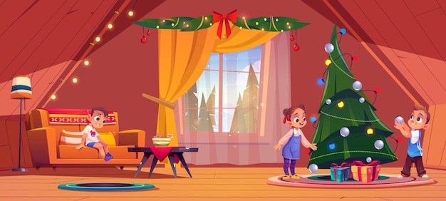 Gratis vector kinderen versieren de kerstboom in het interieur