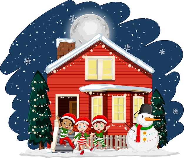 Gratis vector kinderen vieren kerstmis voor een huis 's nachts scn