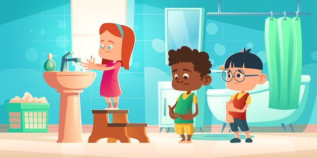 Kinderen wassen de handen in de badkamer, hygiëne voor kinderen