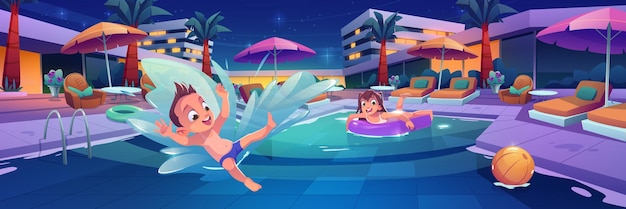 Gratis vector kinderen zwemmen en spelen in zwembad in luxe hotel
