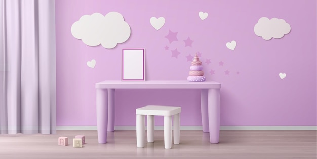 Kinderkamer met kindertafel, stoel, witte poster en wolken aan de muur