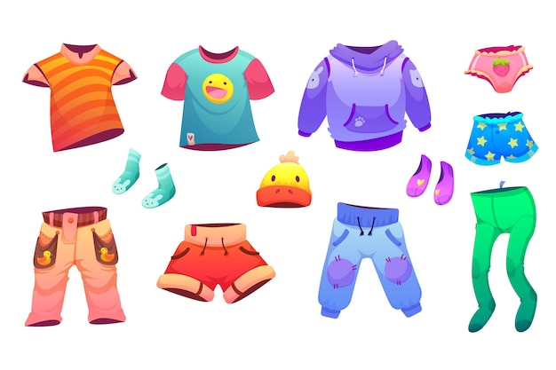 Gratis vector kinderkleding, schattige babymode, t-shirts, broeken en hoodies met korte broek en panty's, muts, slipjes en sokken voor kleine jongens en meisjes, cartoon collectie van kinderen dragen vector, illustratie, illustraties