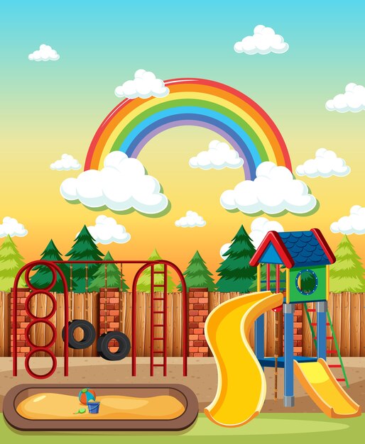 Kinderspeelplaats in het park met regenboog aan de hemel overdag cartoonstijl