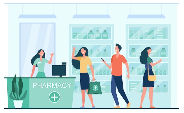 Klanten en apotheker in apotheekwinkel. mensen die medicijnen kopen in drogisterij. platte vectorillustratie voor service, behandeling, farmacie concept