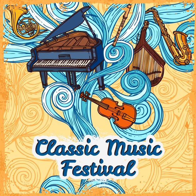 Klassiek muziekfestival poster met piano viooltrompetinstrumenten vectorillustratie