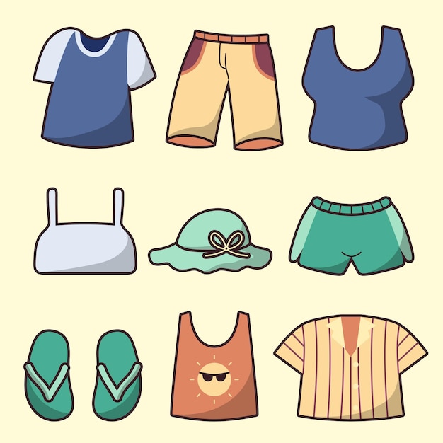 Gratis vector kleding en accessoires mode icon set voor vrouw in tekening cartoon stijl vectorillustratie