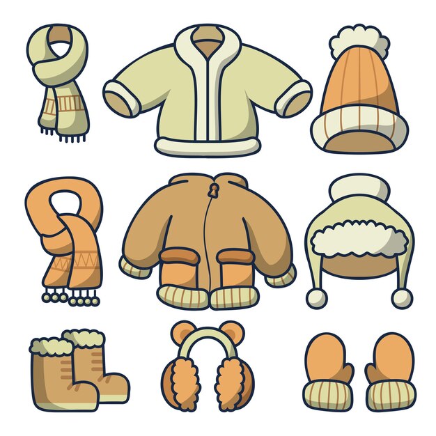 Kleding en accessoires winter Mode pictogrammenset met gebreide warme trui hoeden handschoenen sjaals laarzen in tekening cartoon stijl vectorillustratie