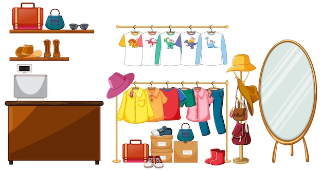 Gratis vector kleding opknoping op kledingrek met accessoires op witte achtergrond