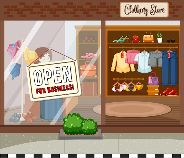 Gratis vector kledingwinkel met open for business banner