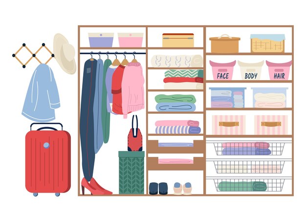 Kleedkamer interieur met mode vrouwen kleding accessoires schoenen ondergoed en handdoeken vector illustratie