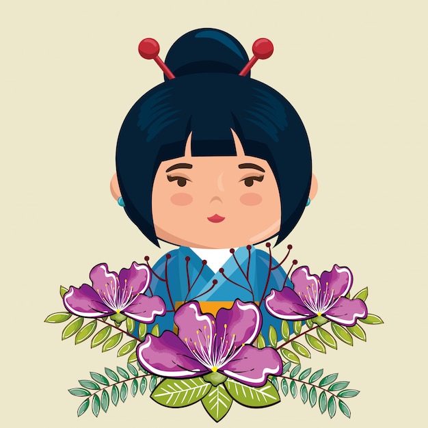 Gratis vector klein japans meisje kawaii met bloemen karakter