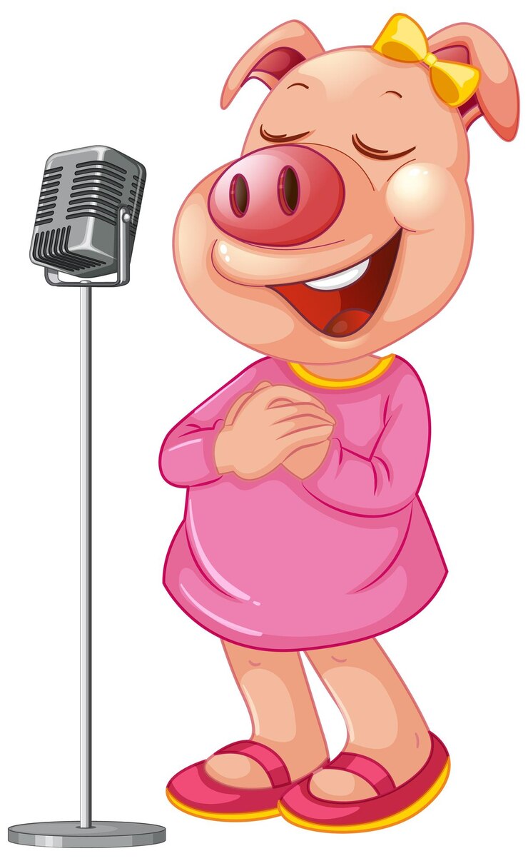 Gratis Vector klein schattig biggetje zingt met microfoon