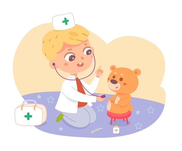 Gratis vector kleine jongen die dokter speelt met teddybeer gelukkig kind met speelgoed als patiënt in ziekenhuisillustratie