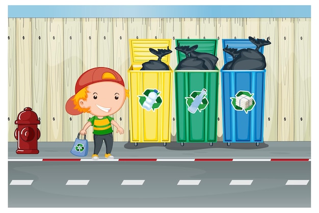 Gratis vector kleine jongen die naast recyclingbakken staat