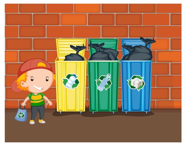 Gratis vector kleine jongen die naast recyclingbakken staat