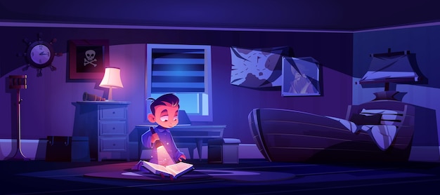 Kleine jongen in de slaapkamer's nachts en leest een boek.