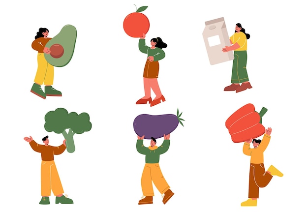 Kleine karakters met enorme voedsel fruit groenten
