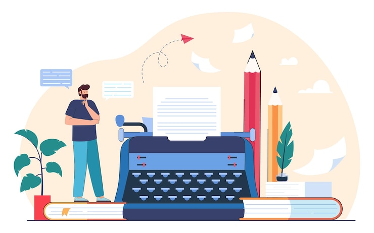 Gratis Vector kleine mannelijke auteur of scenarioschrijver die een verhaal of filmscript schrijft. scenarioschrijver, vintage typemachine met papier platte vectorillustratie. creativiteit, journalistiek concept voor banner of bestemmingswebpagina