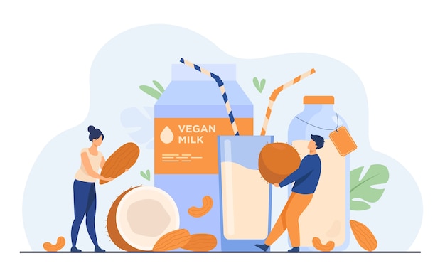 Gratis vector kleine mensen in de buurt van lactosevrije melk platte vectorillustratie. cartoon veganistische amandel-, haver-, rijst-, soja- en zaaddranken. wellness en heerlijk raw food concept