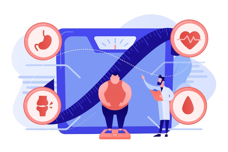 Gratis Vector kleine mensen, man met overgewicht op weegschaal en arts met obesitasziekten. obesitas gezondheidsprobleem, obesitas hoofdoorzaken, overgewicht behandelingsconcept. roze koraal bluevector geïsoleerde illustratie