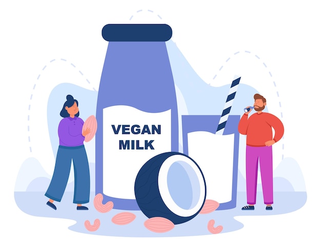 Kleine mensen met pakket veganistische melk platte vectorillustratie. Plantaardig, amandel, haver, rijst, hennepzaad, soja, lactosevrije melk voor veganisten of mensen zonder lactosetolerantie. Veganisme concept