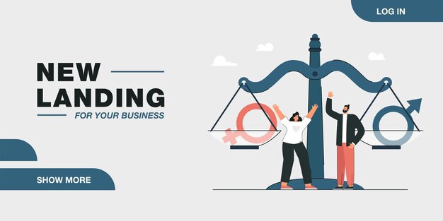 Kleine vrouw en man staan naast de schaal met geslachtssymbolen. Gendergelijkheid platte vectorillustratie. Feminisme, vechten voor gelijke rechten concept voor banner, website-ontwerp of bestemmingswebpagina