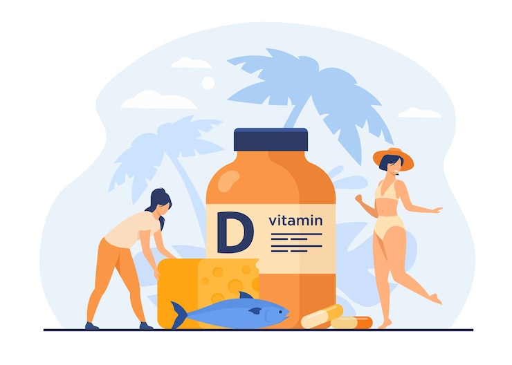 Gratis Vector kleine vrouwen die vette vis, vitamine d, kaas eten en platte vectorillustratie zonnebaden. cartoondames die voedingssupplementen gebruiken om tekorten te verminderen. welzijn en gezondheidsconcept