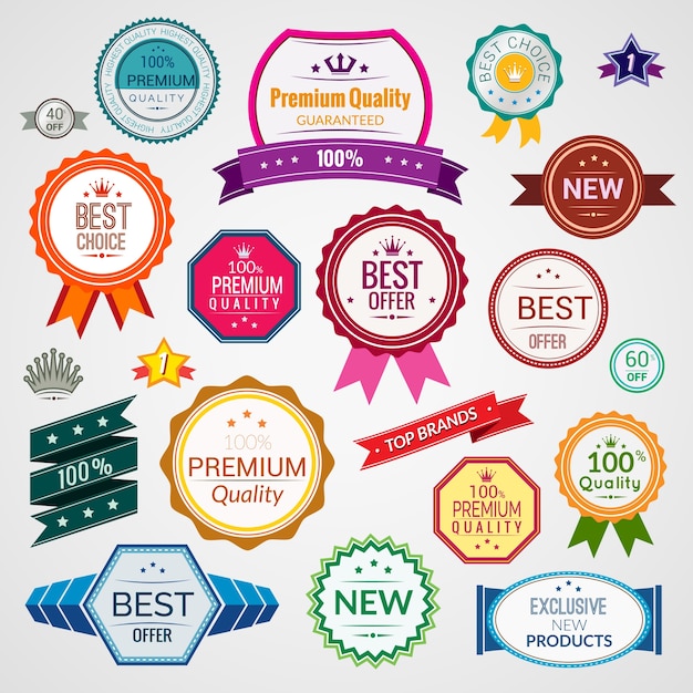 Kleur verkoop premium kwaliteit beste keuze exclusieve labels set geïsoleerde vector illustratie