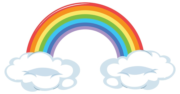 Gratis Vector kleurige regenboog met pluizige wolken