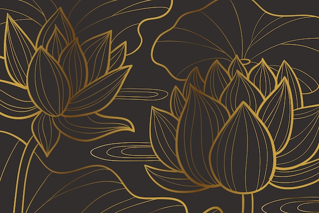 Gratis vector kleurovergang gouden lineaire achtergrond met waterlily vormen