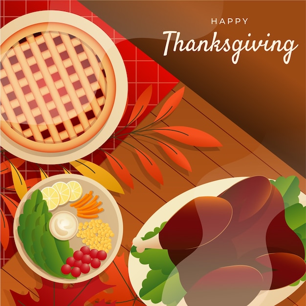 Gratis vector kleurovergang illustratie voor thanksgiving feest met taart en kalkoen