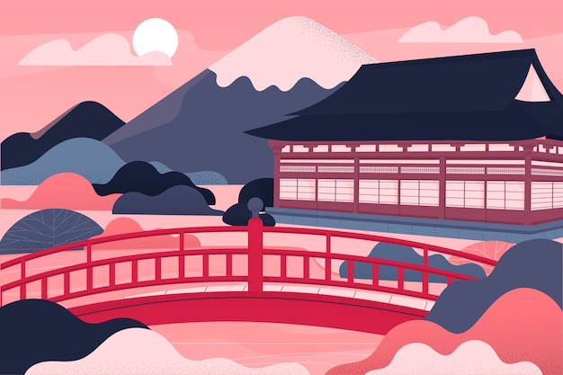 Gratis vector kleurovergang japanse architectuur tempel illustratie