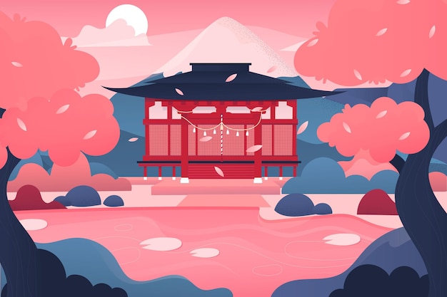 Gratis vector kleurovergang japanse tempel en roze bomen