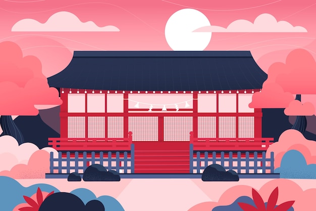 Gratis vector kleurovergang japanse tempel en zon