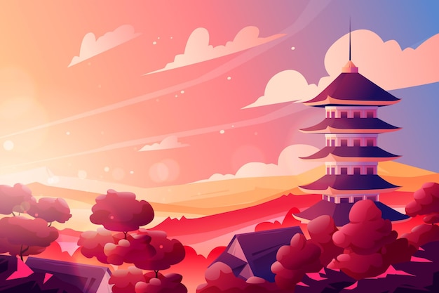 Gratis vector kleurovergang japanse tempel met zon